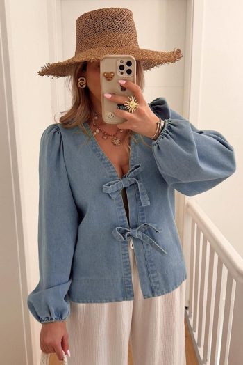 Blouses | Women Dusk Blue Bow Tie Front Puff Sleeve Denim Top