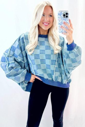 Long Sleeve Tops | Women Sky Blue Checkerboard Splicing Raw Detail Oversized Denim Pullover