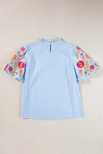 Blouses | Women Light Blue Flower Embroidered Puff Sleeve Gingham Blouse